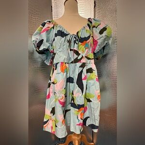 A New Day Multicolor Puff Sleeve Peasant Blouse Style Mini Dress NWT